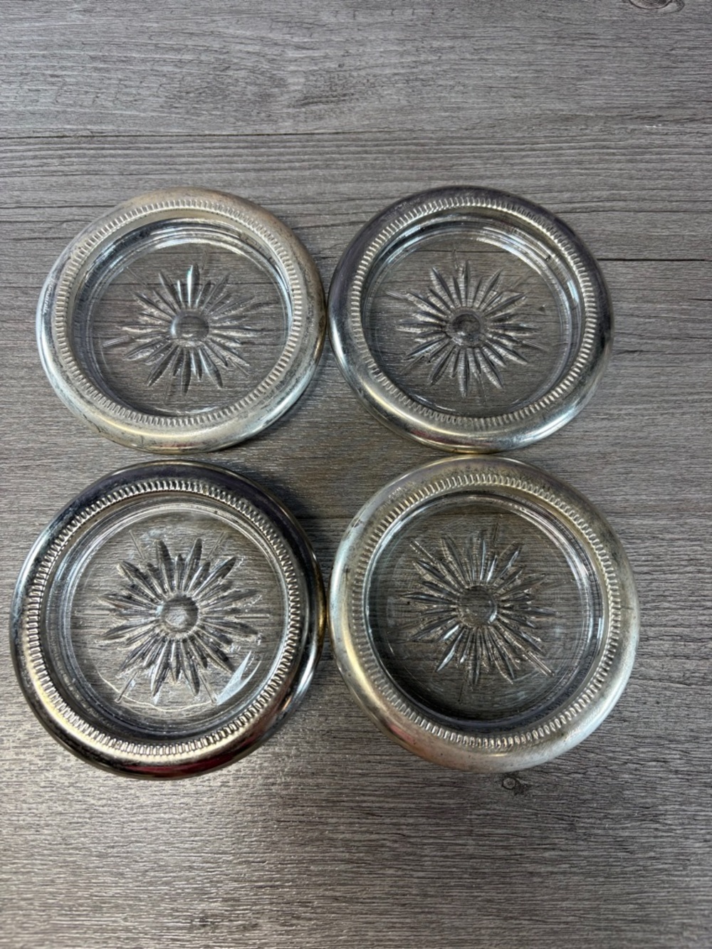 Vintage Set of Leonard Silver Plated Glass Starburst Coasters